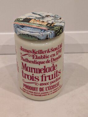 Vintage James Keiller Dundee Three Fruits Marmalade Milk Glass Jar w/ Castle Lid